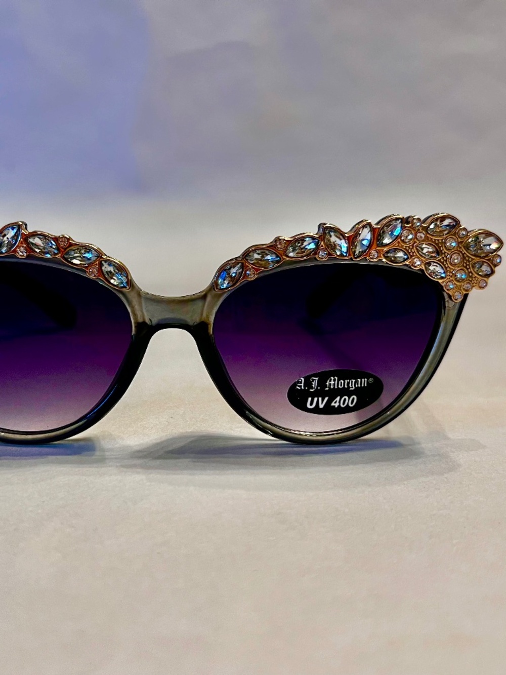 Marlene Cat Eye Sunglasses – Grey Rhinestone Glam Old Hollywood Statement Shades